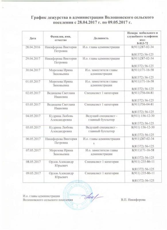 График дежурств образец в праздничные дни в